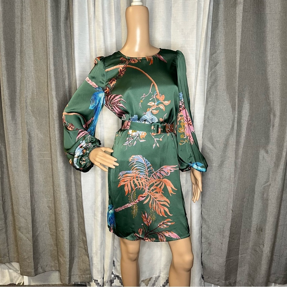 Caballero Floral Green Satin Dress